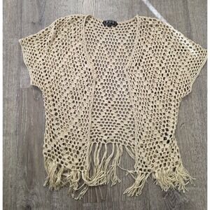 POL Crochet Knit Fringe Cardigan Vest Beige Boho Open Front  Womens Small